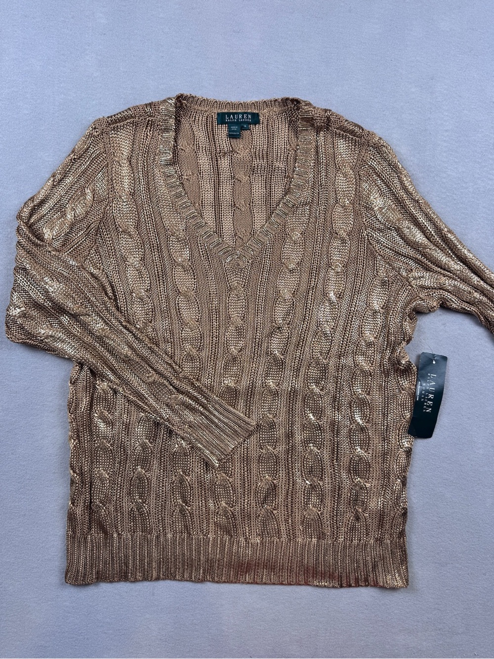 Lauren Ralph Lauren Maui Gold Metallic Cable-Knit Pullover Sweater 1X Old Money